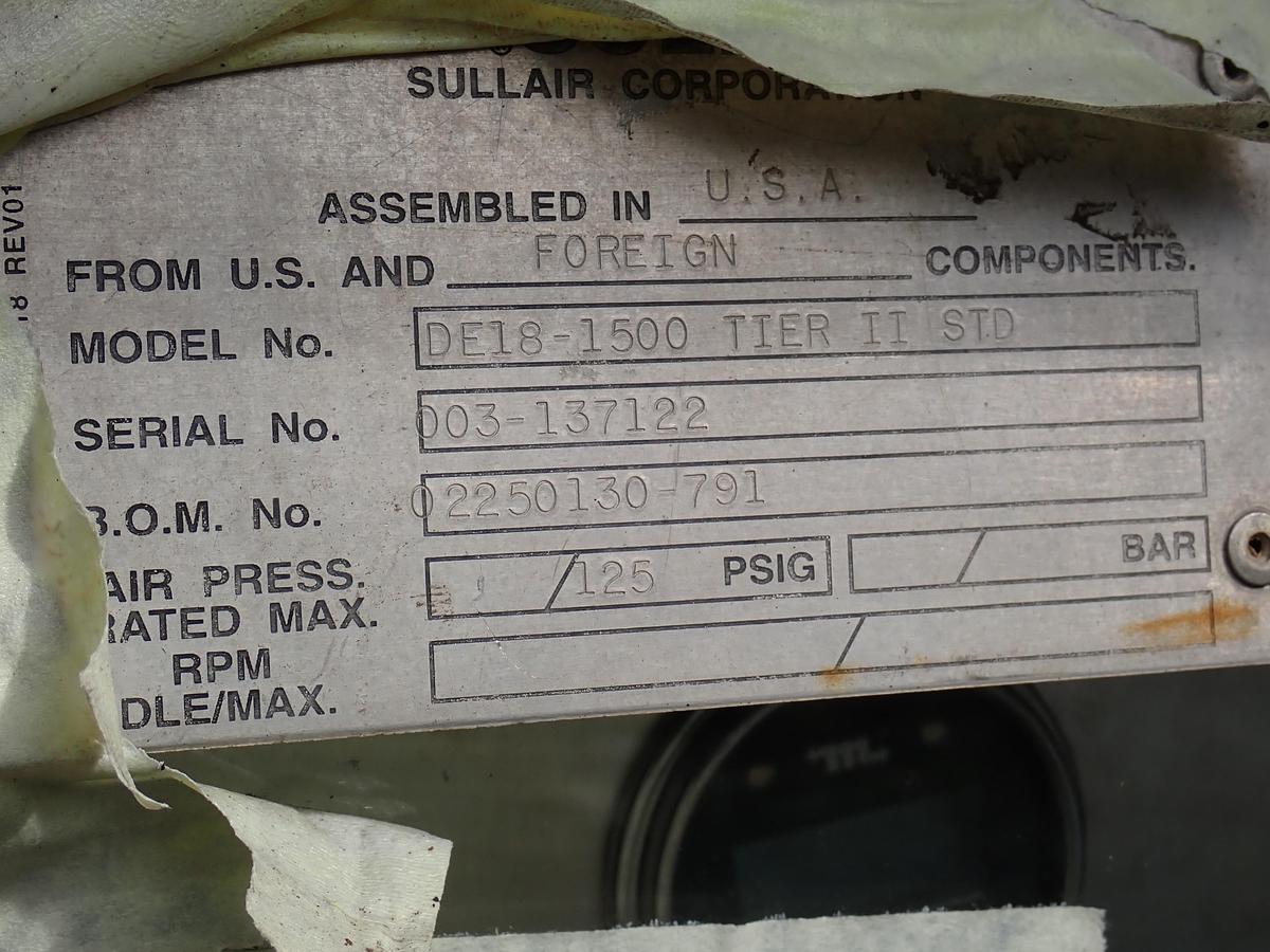 Used 2003 Sullair DE18 1550 CFM Oil Free Air Compressor CAT C16 8716 HRS