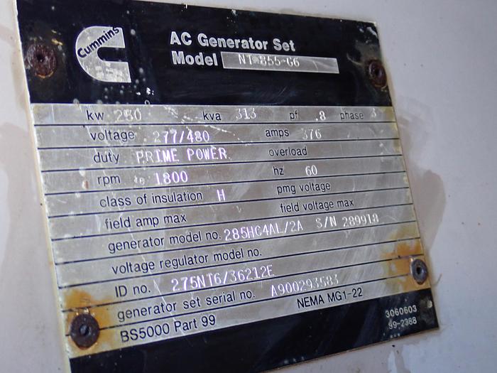 Used 1990 Cummins NT855-G6 250 KW Generator 1306 HOURS!