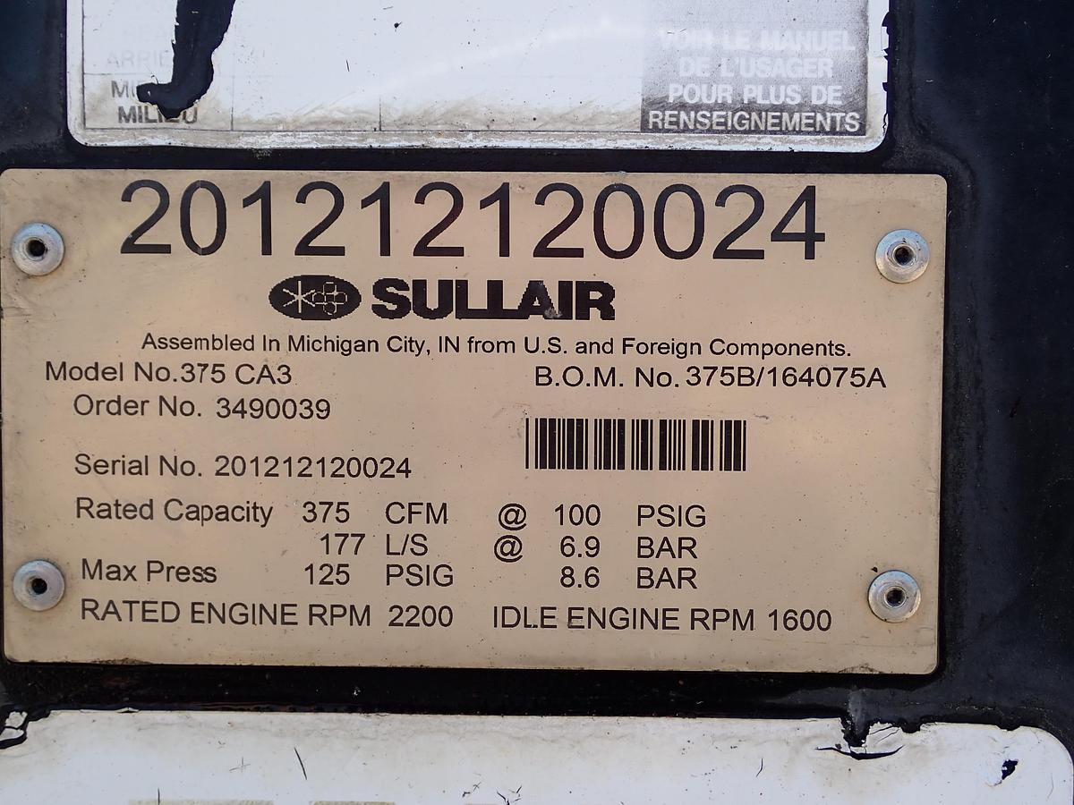 Used 2012 Sullair 375CA3 375 CFM Air Compressor CAT DIESEL