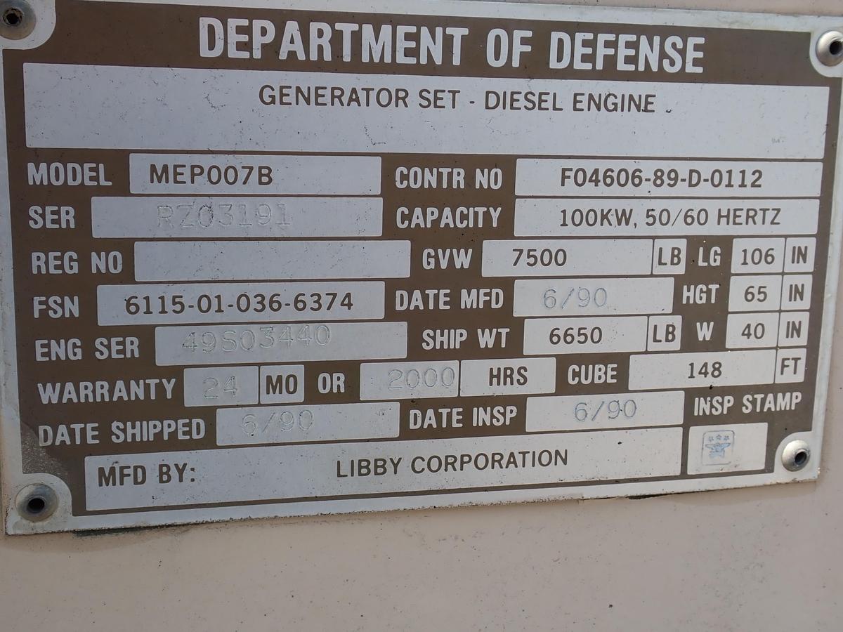Used 1990 Libby MEP007B 100 KW Diesel Generator GOV'T SURPLUS