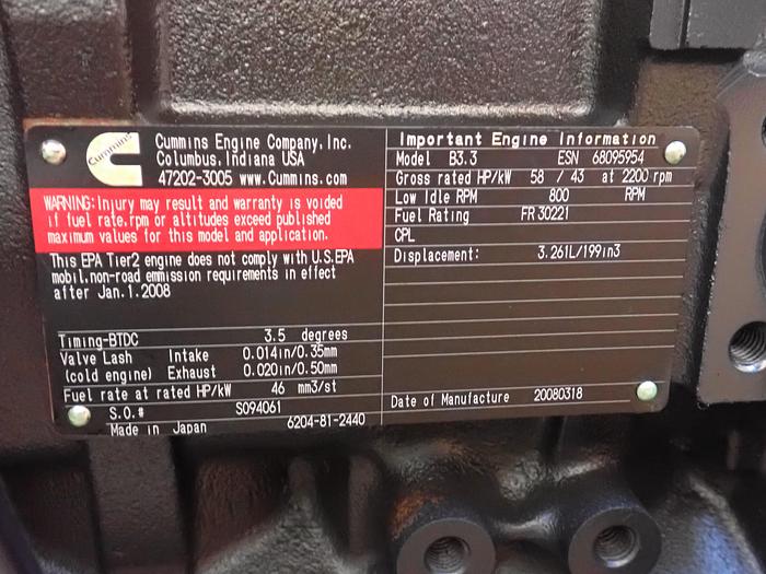 2008 Cummins B3.3 Diesel Engine NEW SURPLUS! Komatsu 4D95