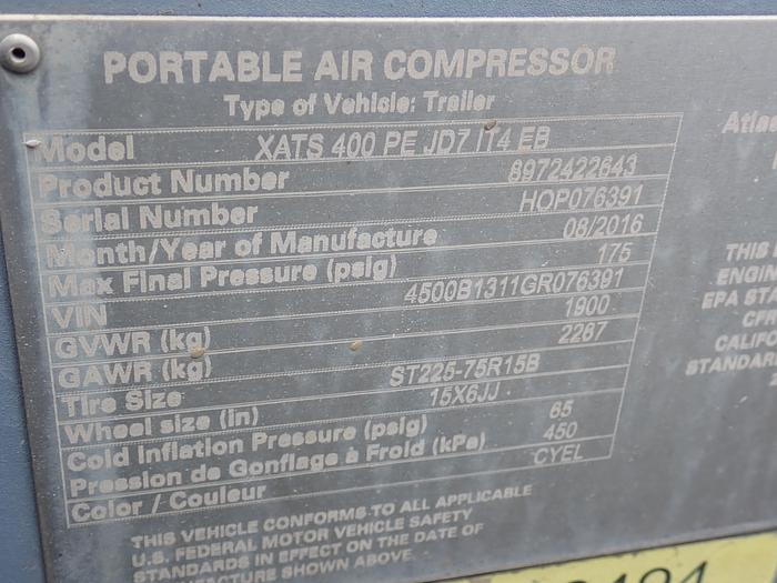 Used 2016 Atlas Copco XATS400 Air Compressor 400 CFM