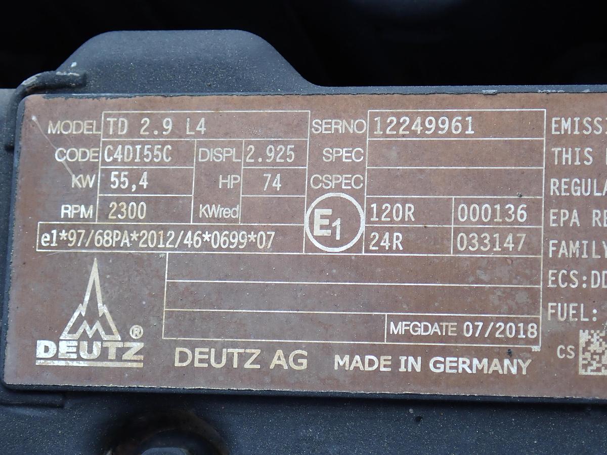 Used 2018 DEUTZ TD2.9 L4 Diesel Engine 74 HP 1419 HOURS