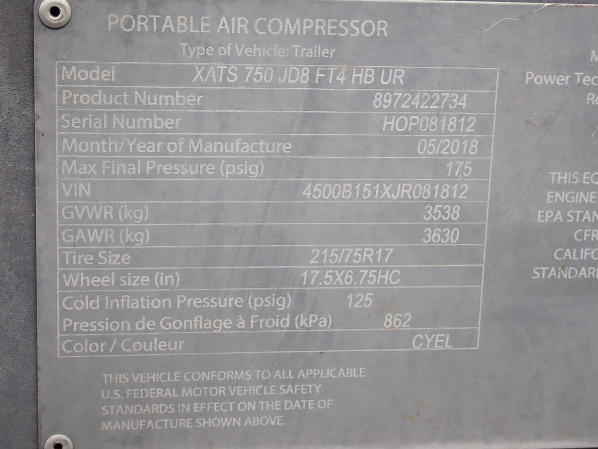 Used 2018 Atlas Copco XATS750 JD8 Air Compressor 175 PSI!