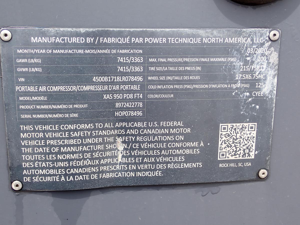 Used 2020 Atlas Copco XAS950 PD8 Air Compressor