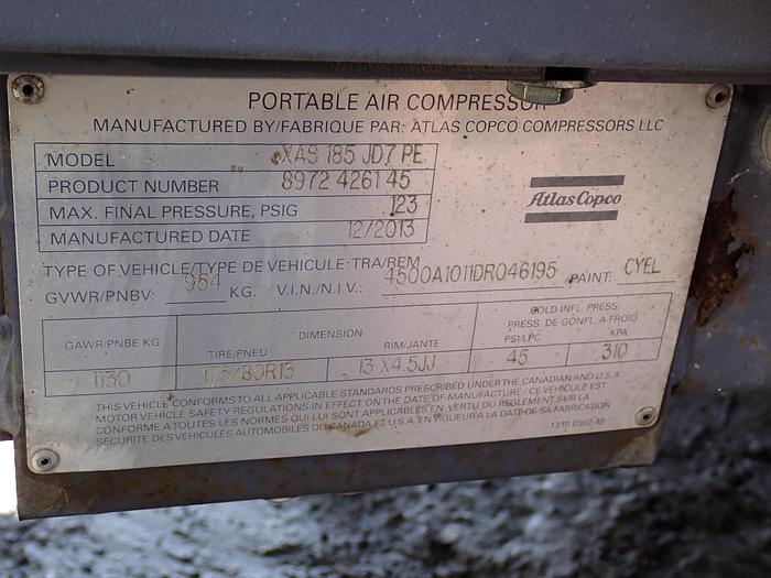 Used 2013 Atlas Copco XAS185JD7 185 CFM Air Compressor
