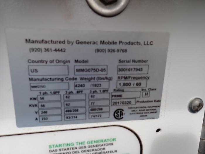 Used 2017 Generac MMG75D 62 KW Generator