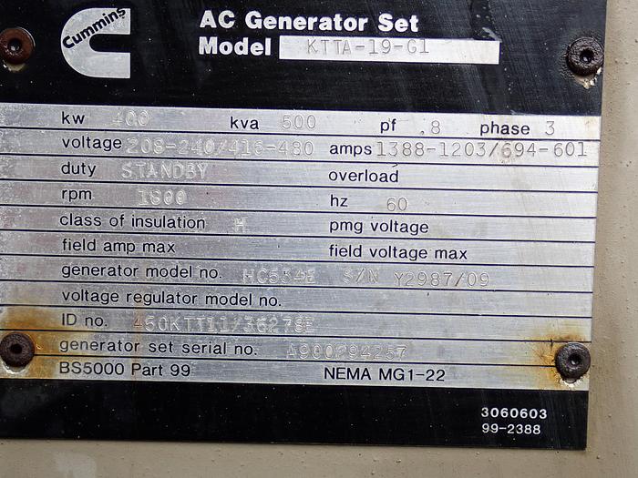 Used 1990 Cummins KTTA19-G1 Generator Set LOW HOURS!
