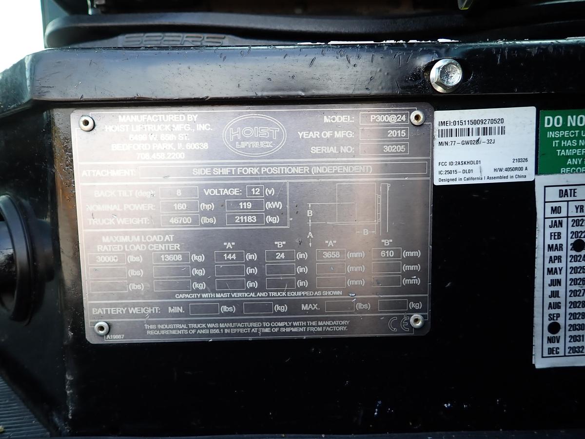 Used 2015 Hoist P300 30,000 Lb Forklift LOW HOURS!