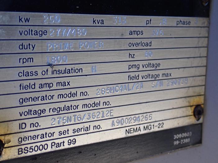 Used 1990 Cummins NT855-G6 250 KW Generator 1198 HOURS!