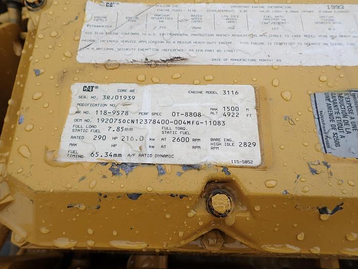 Used 1996 CAT 3116 Diesel Engine GOV'T SURPLUS 290 HP
