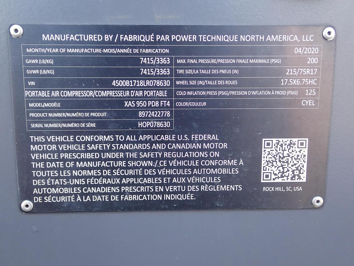 Used 2020 Atlas Copco XAS950 PD8 950 CFM Air Compressor 598 HOURS!!