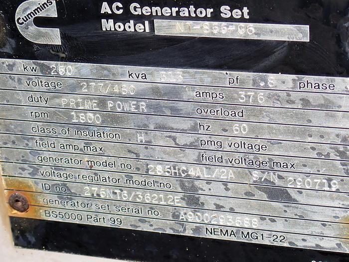 Used 1990 Cummins NT855-G6 250 KW Generator 1168 HOURS!