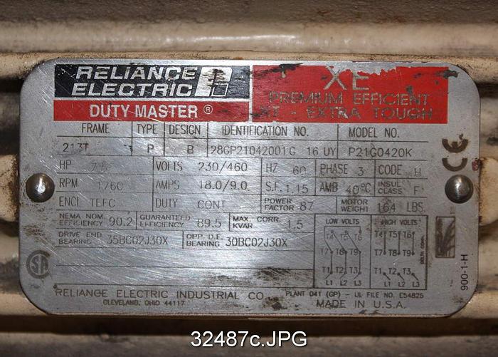 Used Reliance P21GO420K 7.5 Hp, 460Volts, 1760RPM Ac Motor #32487
