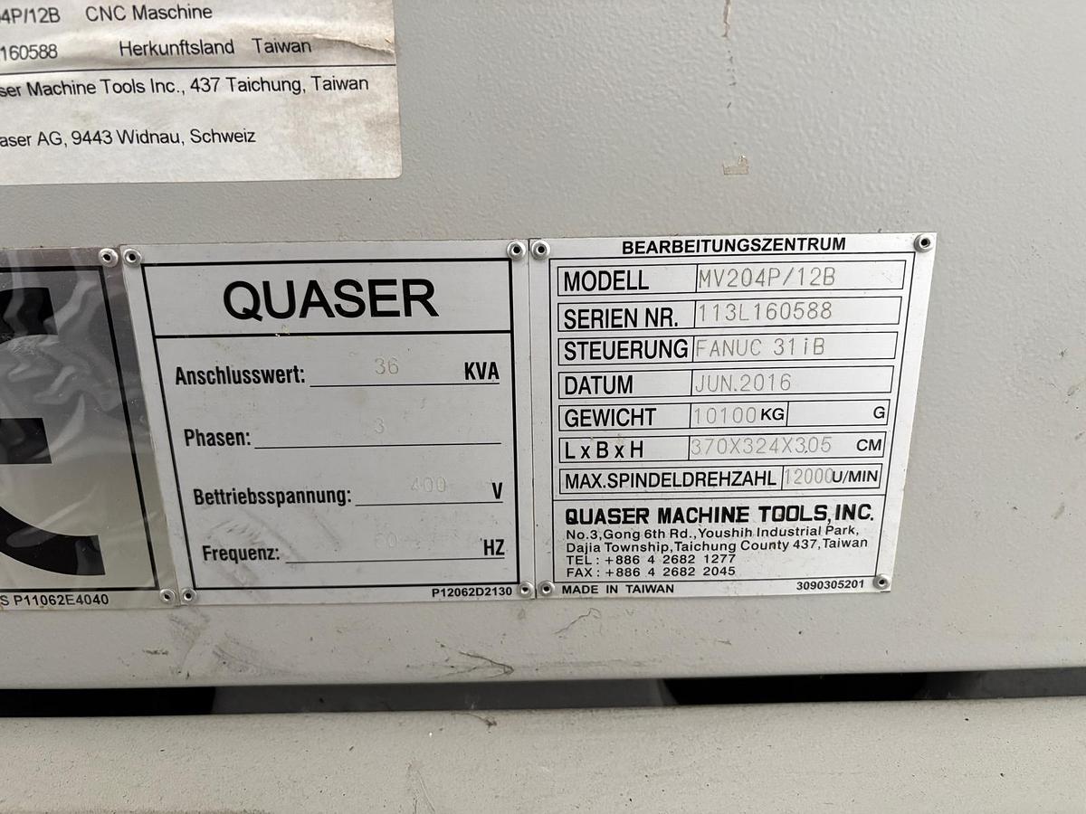 Used 2016 QUASER VERTICAL CNC MACHINING CENTRE MV204P