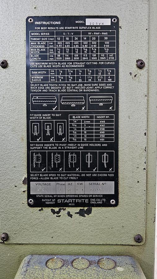 Used STARTRITE 20RWH VERTICAL BANDSAW WITH HYDRAULC TABLE FEED
