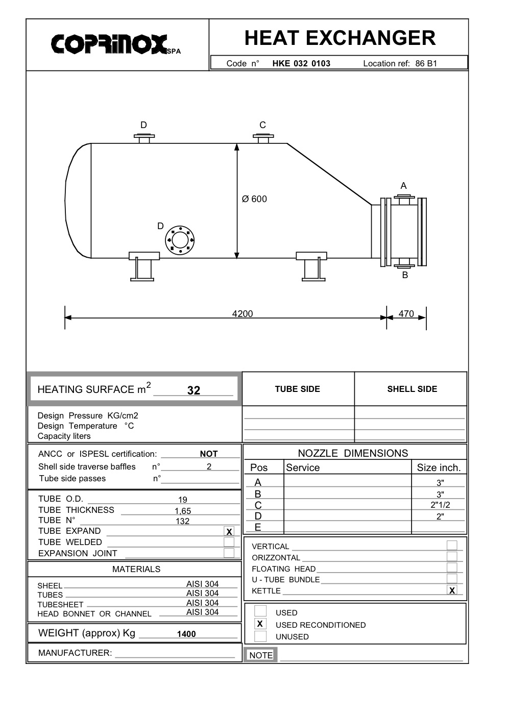 Used 32 square meter heat exchanger
