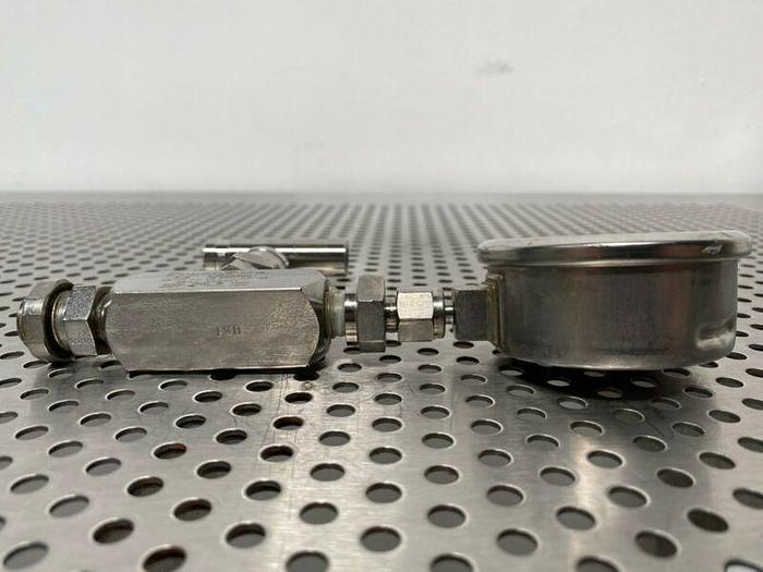 Used Swagelok SS-4PDF4 Bonnet Needle Valve w/ Swagelok 3000 PSI Gauge