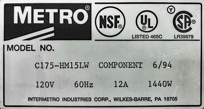Used USED Metro Full Height Mobile Heated Cabinet with 17-Pan Capacity, Model C175-HL15LW Component