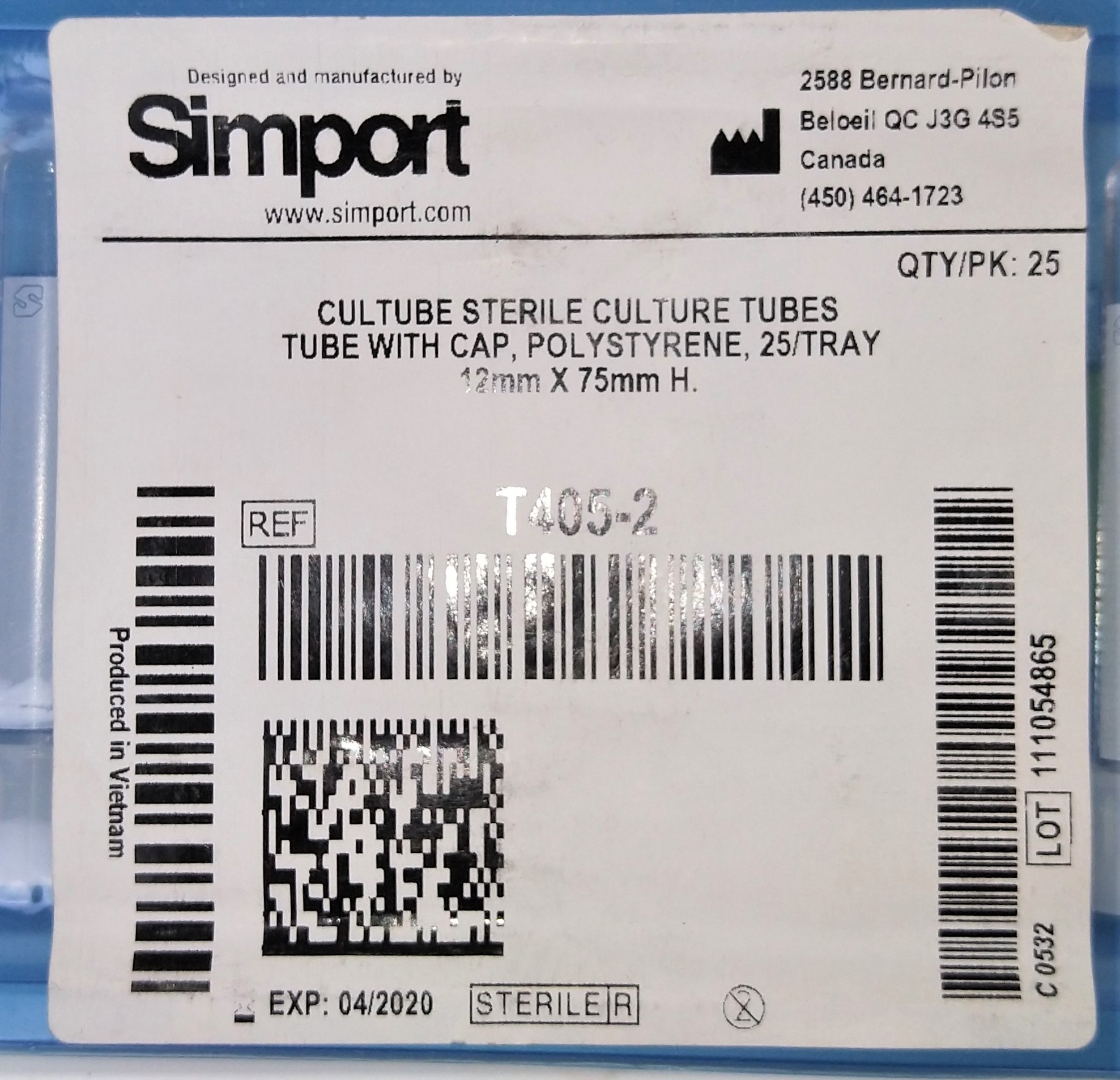 Simport Cultubes T405-2 Sterile, Disposable Culture Tubes (Tray of 25)