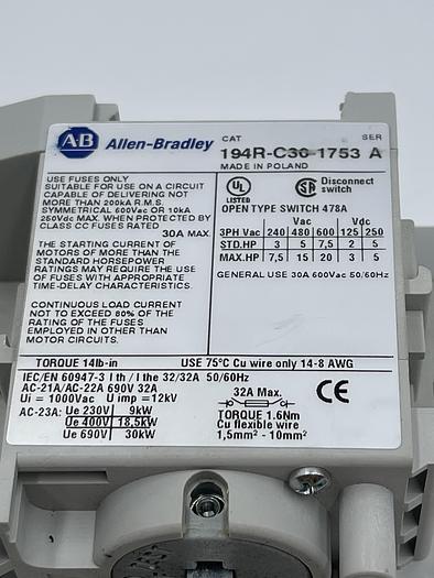 Used Allen Bradley  194R-C30-1753 Ser A , 194R-HS4E Ser A 