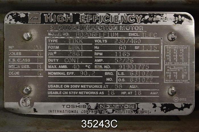 Used Toshiba B0206FLF1UM 20 Hp, 1165 RPM, 460 Volts, 286T Frame Ac Motor #35243