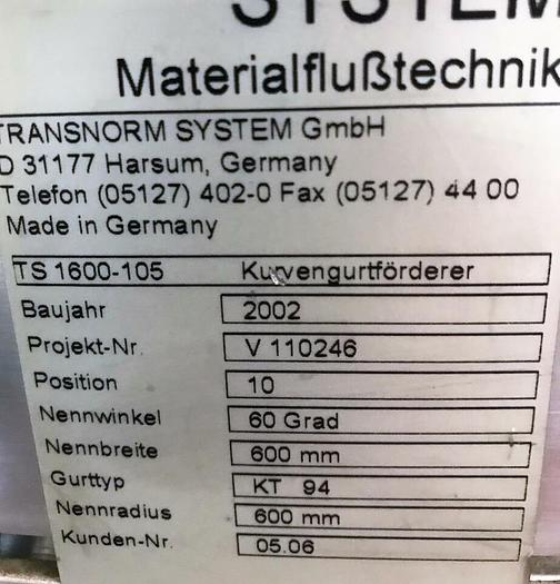 Gebraucht TRANSNORM Kurvengurtförderer Transnorm 60° Rechts TS 1600-105