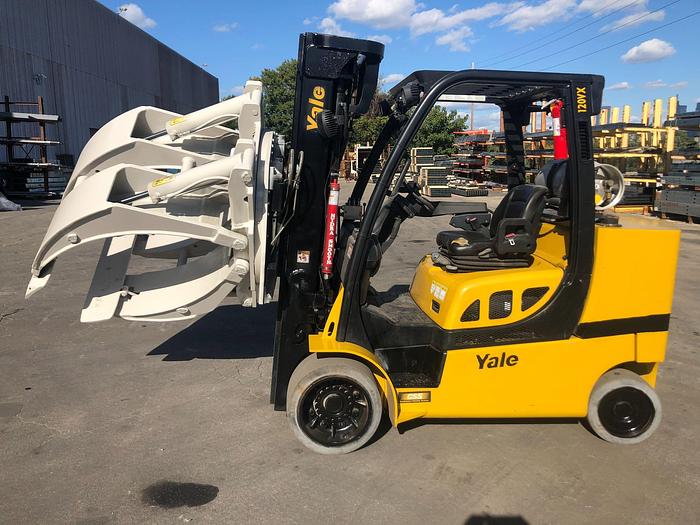 Used 12,000 POUND YALE ROLL CLAMP TRUCK MODEL GLC120VXPRS W/ 72" CLAMP MFG. 2015 LOWERED MAST 92"
