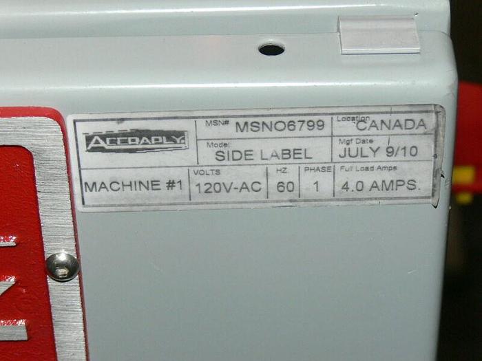 Used Accraply Pressure sensitive Side Labeler MSNO6799 w/ Dorner 2200 Conveyor