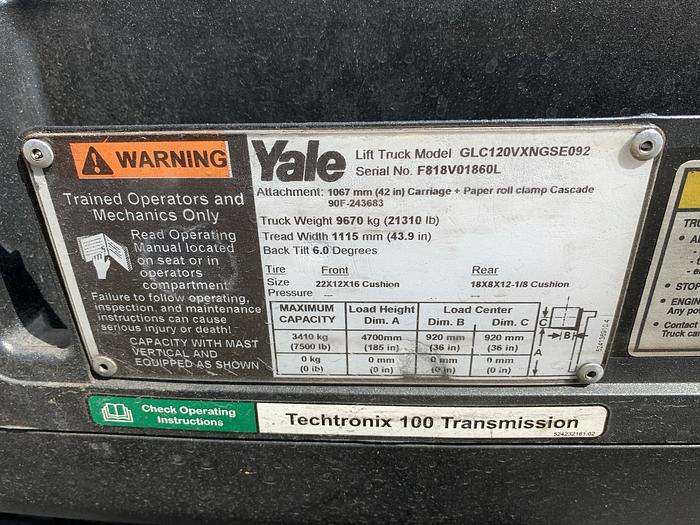 Used 12,000 POUND YALE ROLL CLAMP TRUCK W/ 72" CASCADE PAPER CLAMP