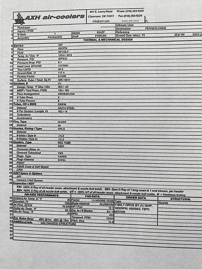 Used 2009 AXH Air Cooler; Model: 93AZF Cooling System 93AZF
