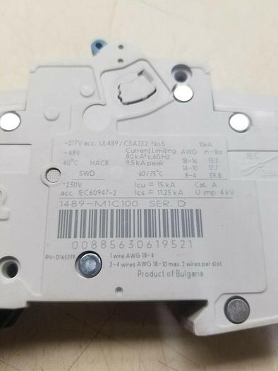 Used Allen-Bradley 1489-M1C100 Ser D 1 Pole Circuit Breaker