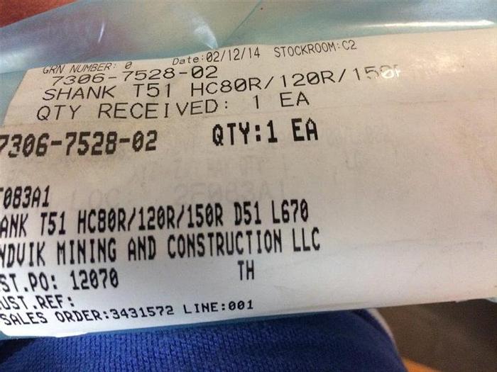 0 Sandvik 7306-7528-02 SHANK T51 HC80R/120R/150R D51 L670