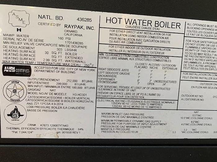 Used Raypack Hydronic Hot Water Boiler Model Hi Delta H3-HD301 with 80 gal Storage Tank