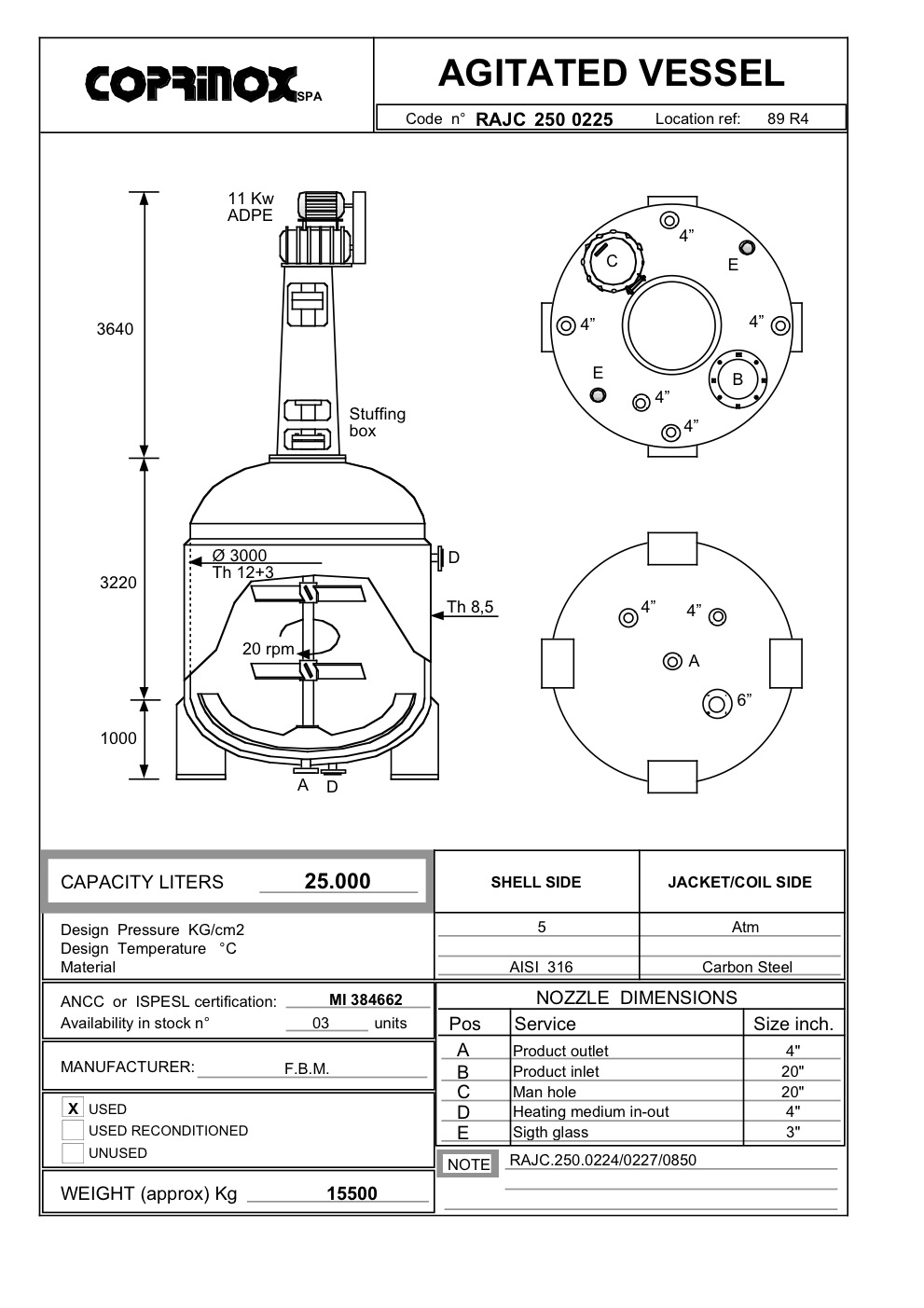 Usato Reattore F.B.M. da 25000 Litri
