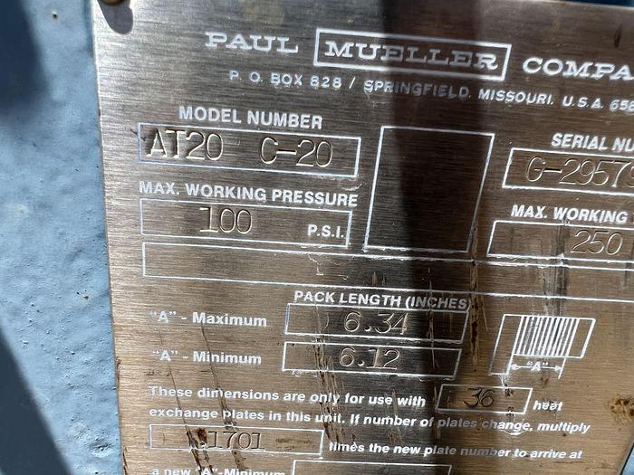 Used Heat Exchanger, Plate, 90 SF, S/st, Mueller, 100 PSI #S744720