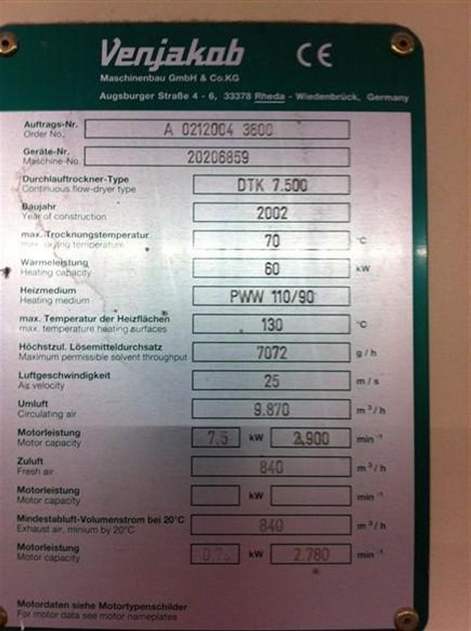 Used Düsentrockenkanal  Venjakob DTK 7500