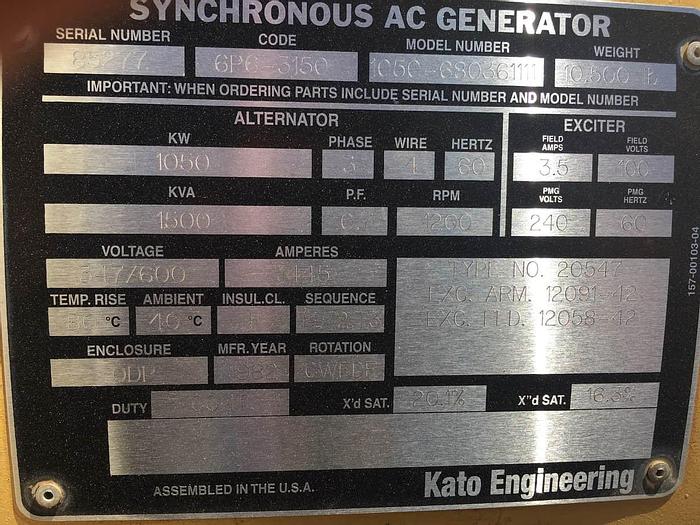 Used 1050kW KATO Single Bearing Brushless Synchronous Generator End