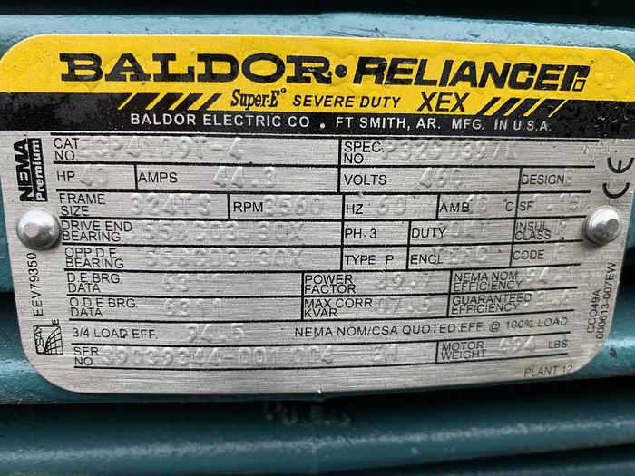 Used HOFFMAN MDL. 4208A CENTRIFUGAL BLOWER BALDOR RELIANCE 40 HP