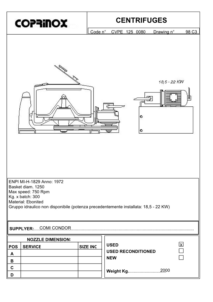 Usato Centrifuga a cestello Comi Condor ebanitata Ø1250 mm