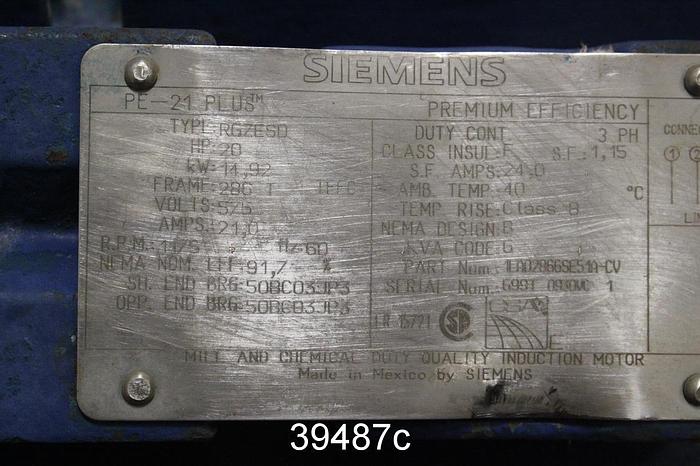 Used Siemens 20 HP AC Motor, 1175 RPM, 575 Volts, 286T Frame, PE-21 PLUS #39487