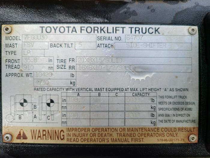 Used 6,000 POUND TOYOTA FORKLIFT MODEL 7FGCU30 LOW HOURS PENDING SALE