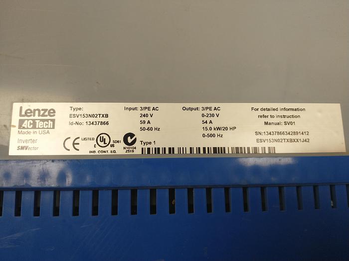Used Lenze ESV153N02TXB 4C Tech 20hp Inverter 0-230VAC 54A GH117