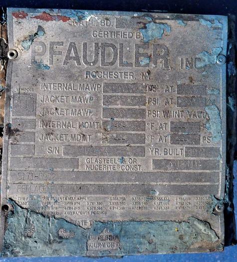 Used Reactor, 1,000 Gallon, Glass Lined, Pfaudler, Jkt, Agit, 100 PSI #C744088