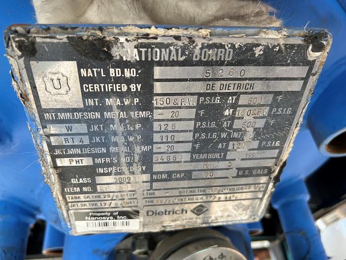 Used Reactor, 50 Gallon, Glass Lined, De Dietrich, 150 PSI, Jacketed, Agitation #S744748