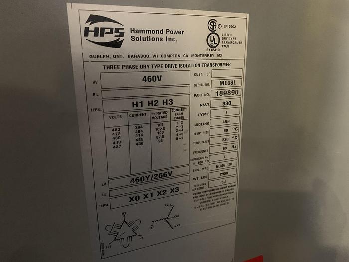Used 330 KVA DRY TYPE TRANSFORMER 460V/266V