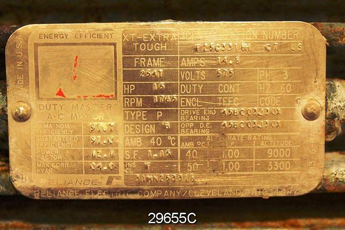 Used Reliance P25G3318H G7 US Reliance Dutymaster 15 Hp AC Motor #29655