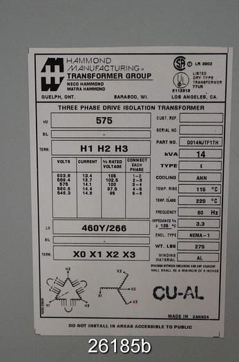 Used Hammond Manuf D014NJTF1JH Three Phase Transformer, 14Kva #26185