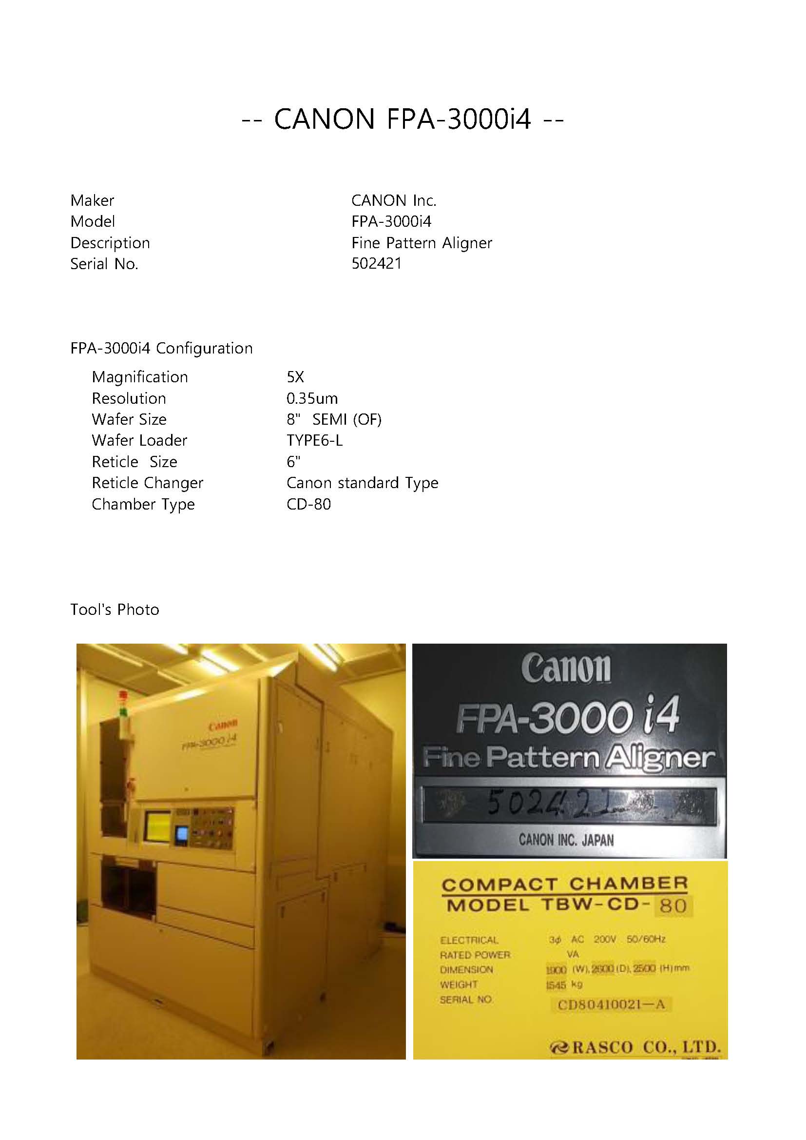 Used Canon FPA3000i4 Stepper