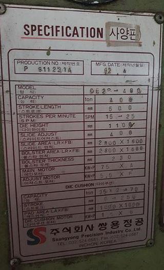 Used 400 tons Press Sheet Stamping Mechanical Ssangyong DE2P-400
